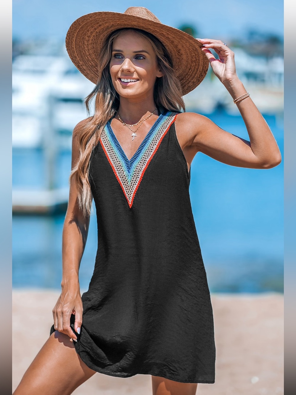 NWT Black Cover‑Up Dress w/ Multi-color Lace V‑Neck Sleeveless Beachwear Small